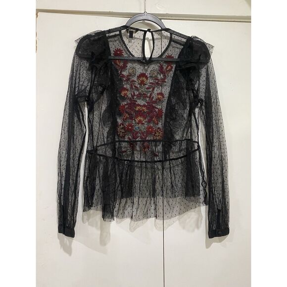 GUESS Sheer Mesh Blouse Small Black Polka Dot Embroidery Front Peplum Hem Gothic - Picture 9 of 9